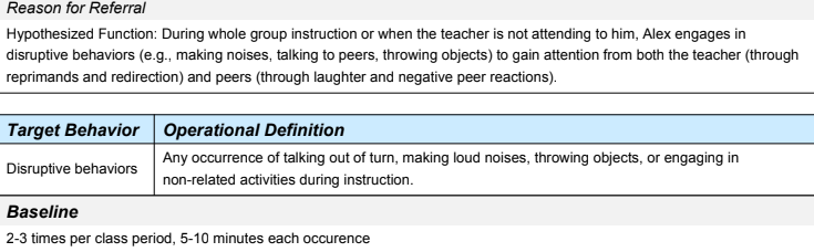 BIP example 1: Disruptive behavior. Example shows identifying behavior to decrease. 