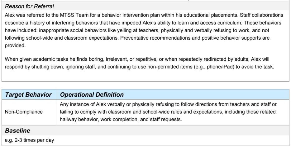 BIP example 2: Non-compliance. Identifying problem behavior section. 