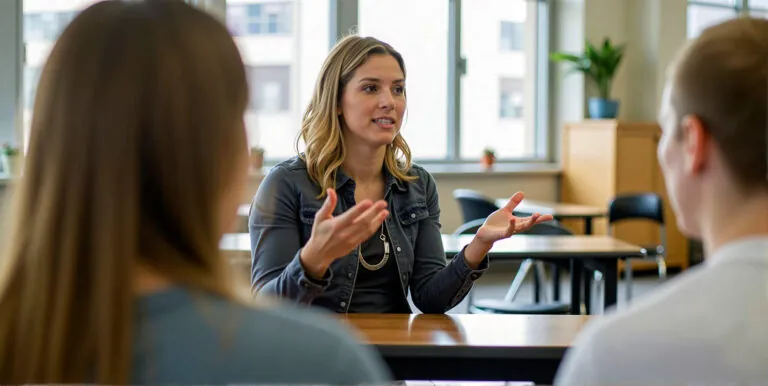 MTSS Pyramid. School counselor talks to pupil or student about the semester and further steps in studies, advice, help and orientation at school and in studies - ai generated.